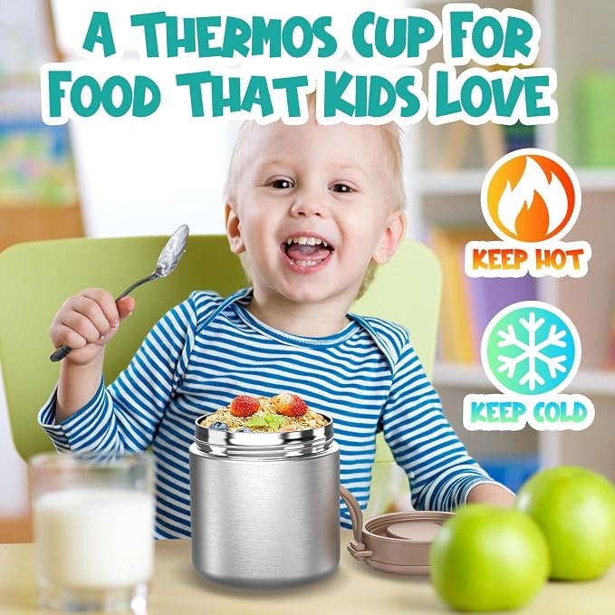 Thermo for Hot Food Kids - 15.2oz with Folding Spoon and Silicone handle | Leak Proof Insulated Food Jar, Soup Thermo, Wide Mouth Insulated Lunch Containers, Dishwasher Safety
