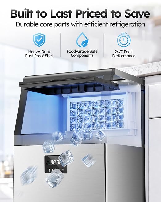 Commercial Ice Maker Machine, 200 lbs/24H with 50 lbs Storage Bin, 55 Clear Ice Cubes/Cycle, ETL Approval Stainless Steel Undercounter Ice Machine with Self-Cleaning & Water Filter for Home, Bar