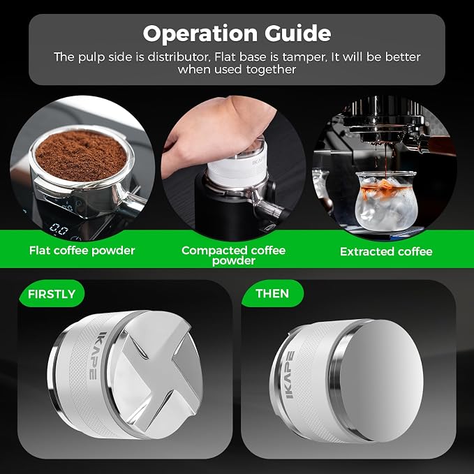 IKAPE Coffee Products, 51mm Coffee Distributor & Hand Tamper, Adjustable Depth Espresso Distributor Fits All 51mm Espresso Portafilter, Compatible with Delonghi Bottomless Portafilter (White)
