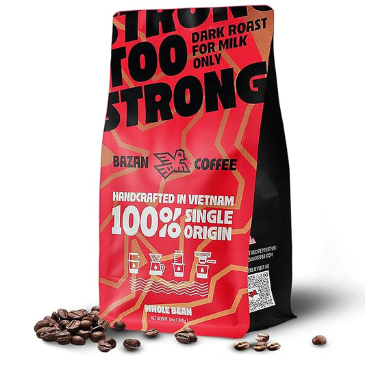 BAZAN COFFEE - Too Strong Robusta Vietnamese Whole Bean Coffee Dark Roast, Single Origin, High Caffeine & Low Acid Coffee, Bold Espresso Coffee Beans for Espresso Lovers, Full Bodied Flavor - 12oz bag