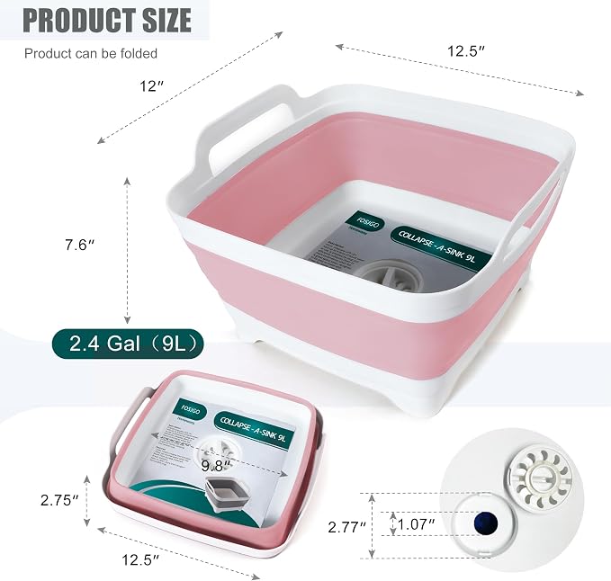 FOSJGO Collapsible Dish Basin with Drain Plug, Foldable Sink, 2.4 Gal (9L) | Space-Saving Wash Basin for Kitchen, Baby Bottles, Vegetable Washing, Camping, RV and Party Beverage Tubs