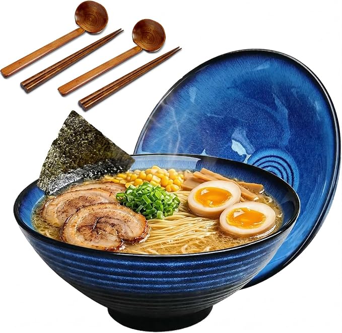 NJCHARMS Ceramic Ramen Bowl Set of 2, 42 oz Japanese Noodle Soup Bowls with Spoons and Chopsticks for Ramen Soup Pho Udon Asian Noodles, Large Noodle Bowls(Blue)
