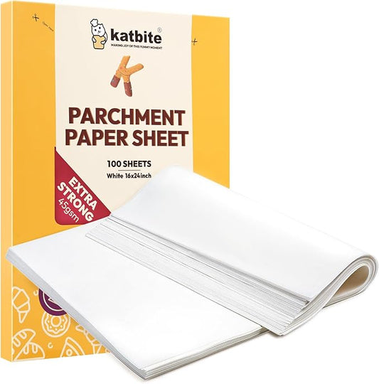 Katbite 16x24 inch Heavy Duty Parchment Paper Sheets, 100Pcs Precut Non-Stick Full Parchment Sheets for Baking, Cooking, Grilling, Frying and Steaming, Full Sheet Baking Pan Liners [Advanced Series]