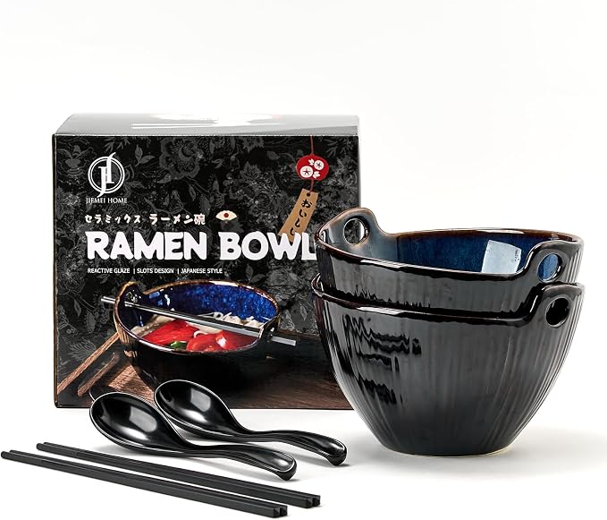 Ramen Bowl with Chopsticks and Spoons Set, 7 Inch Ceramic Noodle Bowl Set of 2, Donburi Bowl Dishwasher Safe for Pho Udon Soba Noodle Salad Pasta, Special Midnight Tide Bowls Set