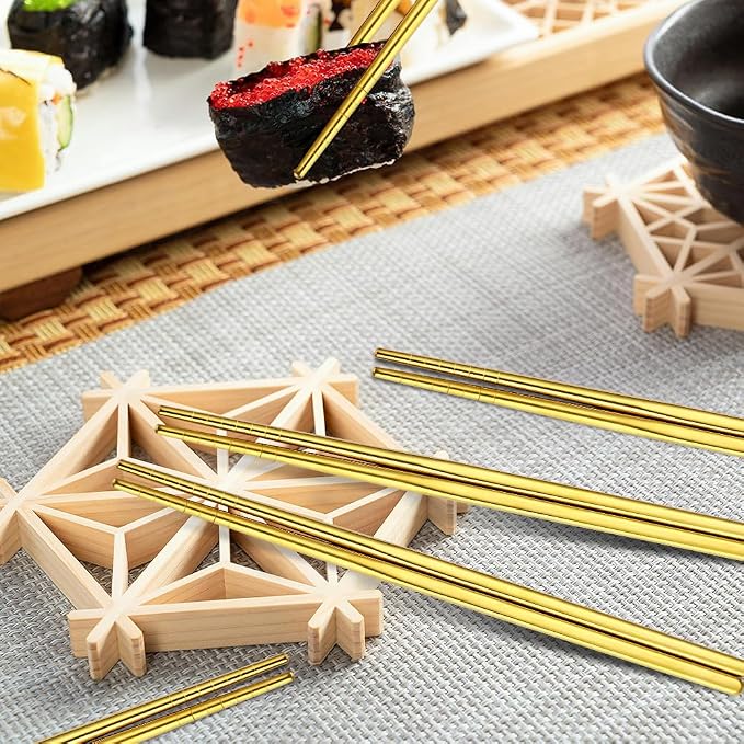 Gold Stainless Steel Chopsticks Set 10 Pairs Reusable Metal Chop Sticks for Japanese Chinese Korean Cuisine Premium Tableware Gift Set Dishwasher Safe Eating Utensils Lightweight Durable