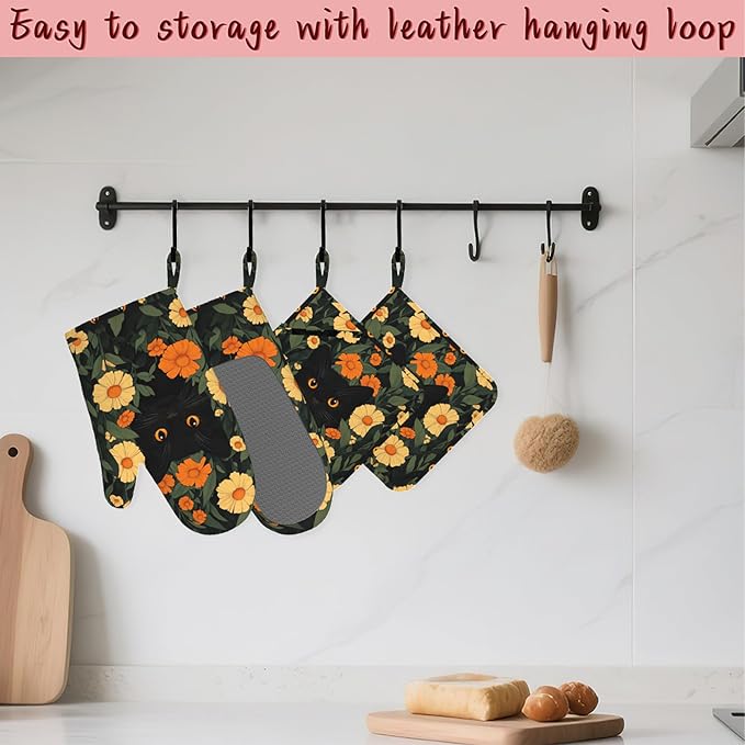 Black Cat Flowers Heat-Resistant Silicone Oven Mitts and Pot Holder 4 Piece Set,Non-Slip Kitchen Oven Gloves for Baking, BBQ, Cooking,Grilling