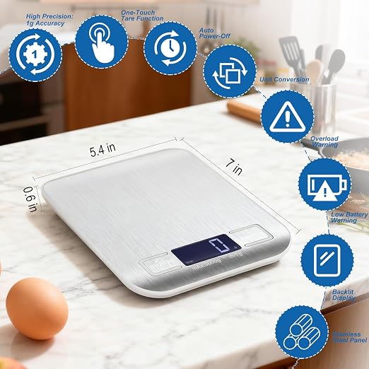 Food Scale, Digital Kitchen Scale with 1g Accuracy, 11lb/22lb Capacity & Backlit LCD, Stainless Steel Tare Scale for Baking, Cooking and Meal Prep, 5.5x7x0.6 Inches (Batteries Included)