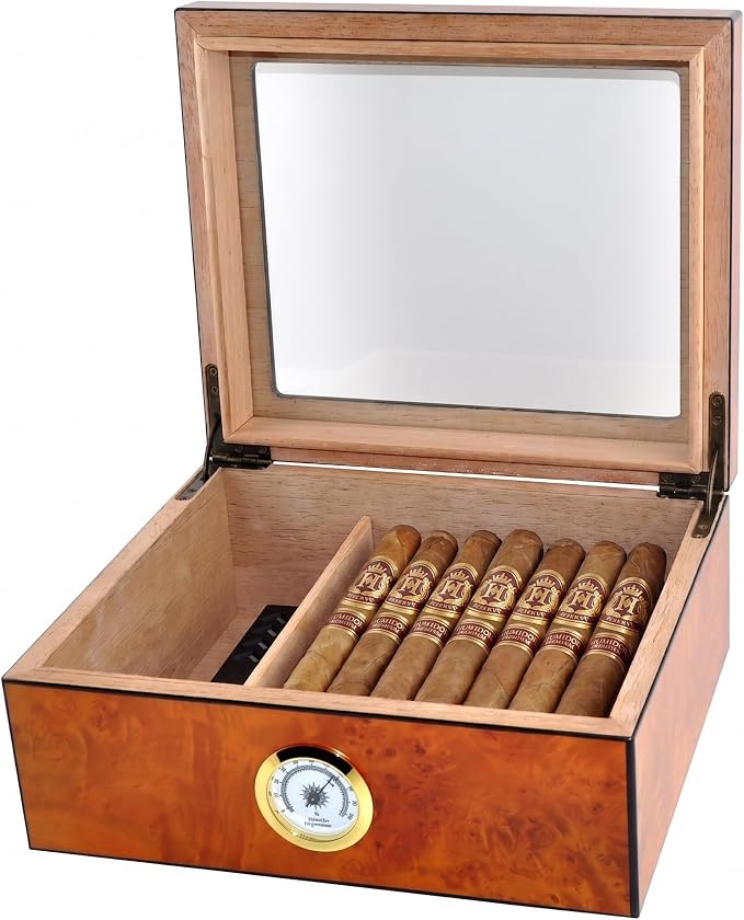 Cigar Humidor Case, Holds 25-50 Cigars, Tempered Glass Top Display, Handcrafted Spanish Cedar Wood Desktop Cigar Box with Divider, Humidifier, Hygrometer, Burlwood Blond,