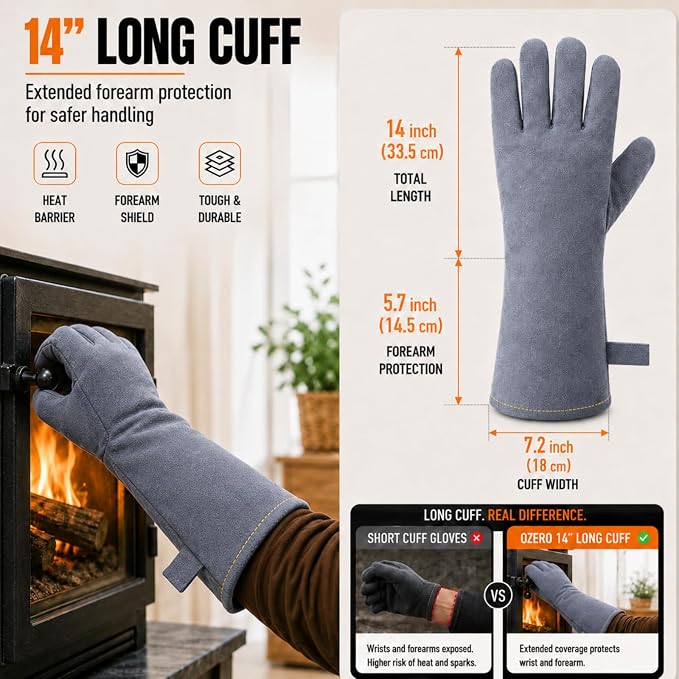 OZERO Welding Gloves: Upgraded Thicker 932°F Heat Resistant, Gray, 14 Inch | 1.2 mm Split Cowhide, Reinforced Palm, Long Cuff, for MIG TIG Stick Forge BBQ Grill Fireplace Fire Pit Wood Stove Oven