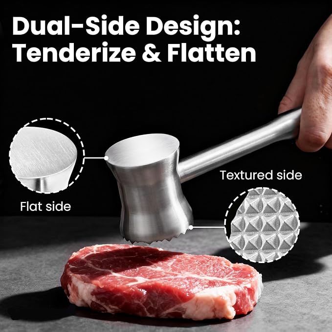 304 Stainless Steel Meat Tenderizer Mallet, Meat Hammer & Chicken Pounder | Well-balanced one-piece design with contoured waist for control, Dual-sided faces, Dishwasher safe, Storage bag, Gift box