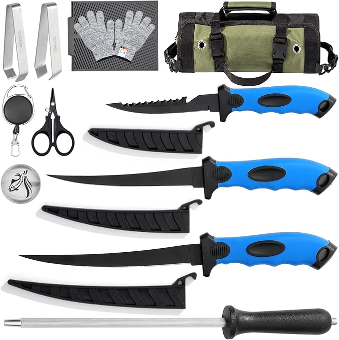 10 Pieces Fillet Knife Set, Stainless Bait Knife with Sharpening Rod and Sheath, Professional Filleting Boning Knife for Meat