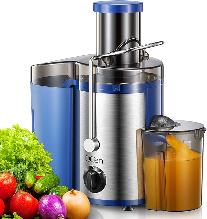 QCen Juicer Machine 500W Centrifugal Juicer with Extra Wide Feed Chute | For Fruits And Vegetables, Stainless Steel, BPA-Free Parts, Easy To Clean, Blue, Compact Countertop Juicer