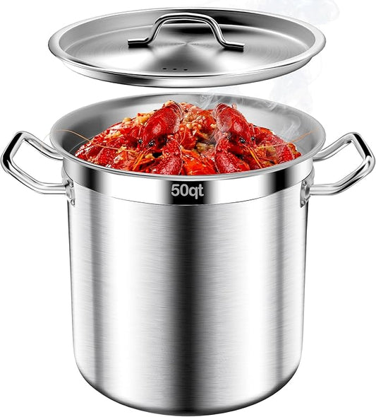 Stockpot, Large Stock Pot, 50 QT Stainless Steel Stockpot with Lid, Stock Pot with Lid – Heavy Duty Cooking Pot for Soup, Commercial Soup Pots, 3-Ply Induction Bottom, Oven Safe