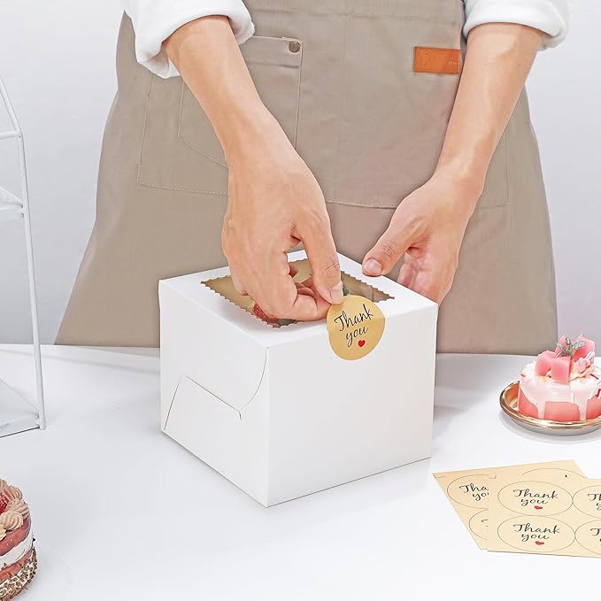 4pcs 6 Inch Cake Boxes with Sticks and Boards for Cookies, Small Cakes, Mini Desserts, Bento, and Bakery, Cupcake Box for Birthday, Party, Wedding, Mother's Day, Christmas（6x6x5 inch）