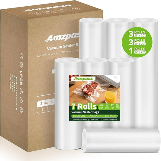 Vacuum Sealer Bags for Food, 7 Pack - 8" x 20' (3 Rolls) + 11"x 20' (3 Rolls) + 6"x 20' (1 Roll), BPA-Free Commercial Grade Embossed Customized Size Bags for Food Storage, Meal Prep, Sous Vide