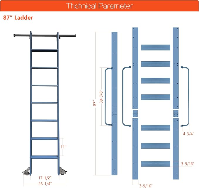 DIYHD 87" Rolling Library Ladder with Handrail, 4FT Sliding Rail, Blue | 7-Step lightweight ladder with space-saving upright storage, Telescopic top hooks, Locking bottom rollers, 300lbs capacity