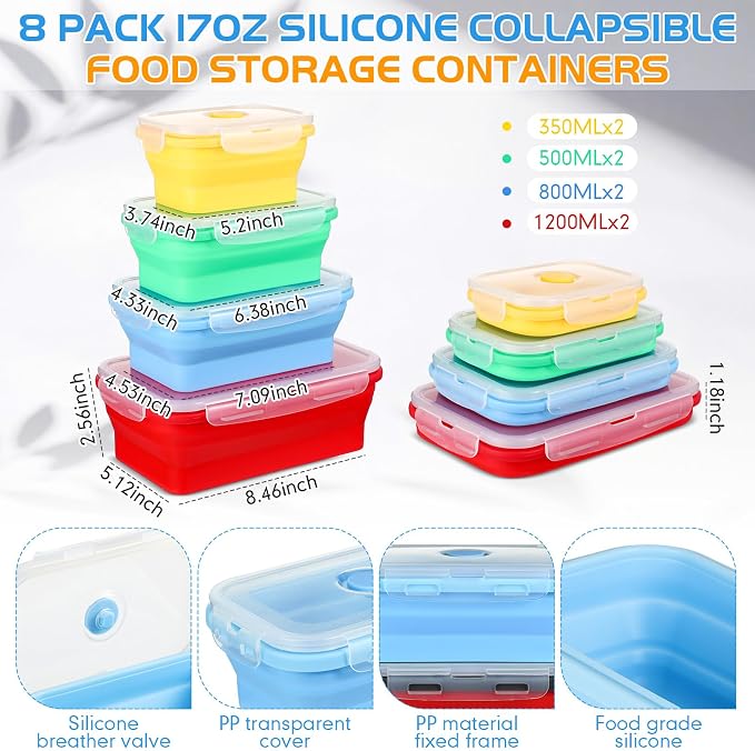 Set of 8 Silicone Collapsible Bowls for Camping with Vent Lid Silicone Storage Containers for Food Meal Preparation Square Bowl Microwave Freezer Dishwasher Safe(Vibrant Color,Assorted Sizes)