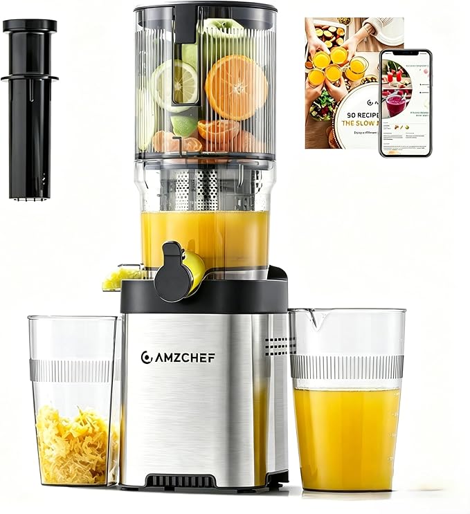 Cold Press Juicer Machine, 5.4" Wide Self-Feeding Chute | Masticating Juice Extractor for Whole Fruits & Vegetables，Large Auger & Triple Strainers, High Juice Yield, Easy to Clean