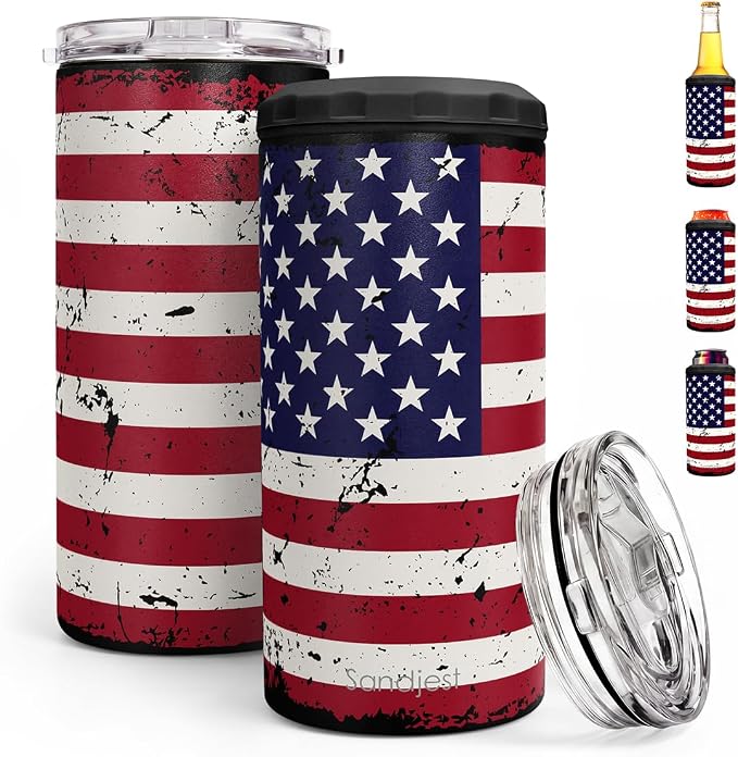 American Flag Can Cooler 12oz - Travel Mug Cups - Stainless Steel Insulated for All - Tumbler Cans Koozie, Gift for Birthday, Christmas