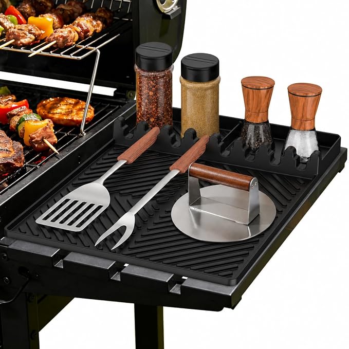 Find law Silicone Tools Mat for Griddle & Kitchen Countertop | Black Side Shelf Spatula Mat with Drip Pad for Blackstone Weber Traeger Pit Boss Flat Top Grill Smoker, BBQ Gifts for Men