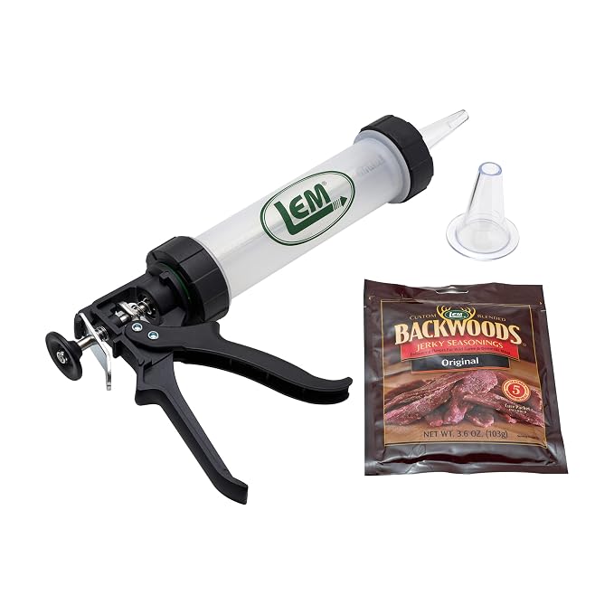 LEM Products Jerky Gun, Heavy-Duty Beef Jerky Maker, Make Meat Sticks and Snack Sticks, Includes Nozzles and Backwoods Seasoning