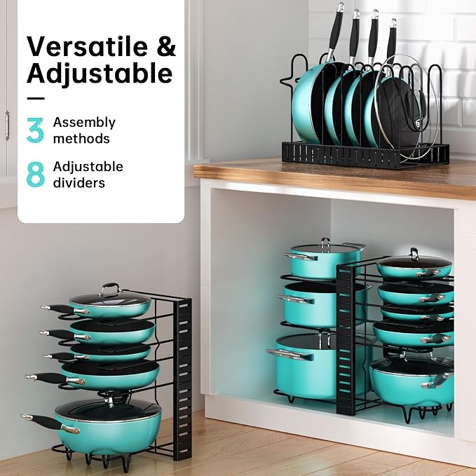 MUDEELA 8-Tier Lightweight pot and pan organizer for under cabinet, 16.6" H | 3 DIY Methods, Holds up to 12-inch cookware neatly, Adjustable Pot Pan Rack, Pot Lid holder for Kitchen, Easy Assembly