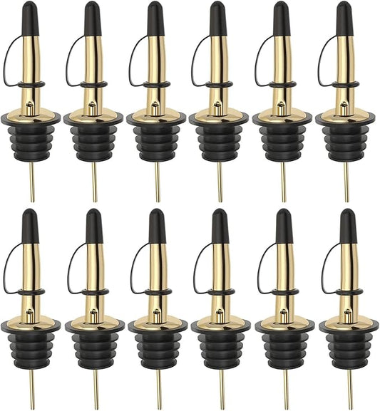 Pafusen 12 Pack Liquor Bottle Pourers, Liquor Pour Spout for Liquor Bottles, Stainless Steel Olive oil Dispenser Spout, Alcohol Pourer Spouts Dust Caps Covers Fixed, Gold