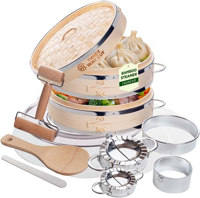 Bamboo Steamer Basket 10 Inch - Dumpling Steamer Basket 2 Tier with Steel Rims, Handles, Lid & Accessories, Bamboo Steamers For Cooking Steam Bao Bun Dim Sum Potsticker Veg, 10" Food Steaming Baskets