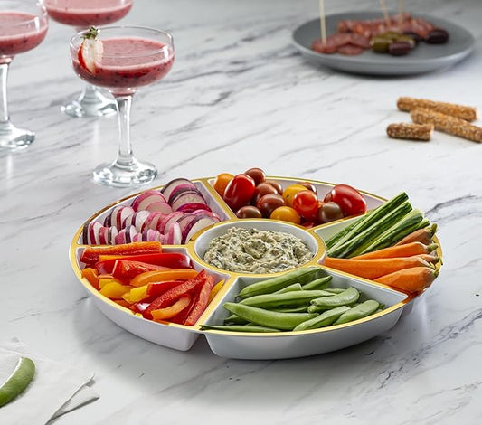 Plasticpro 6 Sectional Round Plastic Serving Tray/Platter (4, White & Gold)