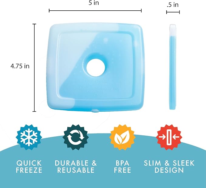 Cool Coolers by Fit + Fresh, 4 Pack Slim Ice Packs, Space Saving Reusable Ice Packs for Lunch Boxes or Coolers