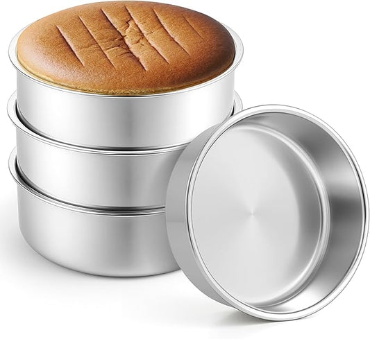 Leonyo 8Inch Round Cake Pans 4 Pack, Stainless Steel Circle Layer Cake Baking Pans Set, Metal Round Baking Tins for Wedding Party, Dishwasher Oven Safe