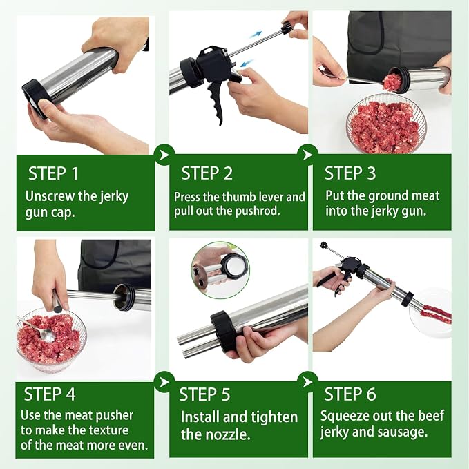 Professional Jerky Gun Kits, Sausage Maker, Stainless Steel Beef jerky gun for Ground Meat, Sausage Stuffer, Meat Gun with 5 Nozzles 5 Brushes 1 Meat Pusher & A Pair of Gloves, Kitchen Utensils Set