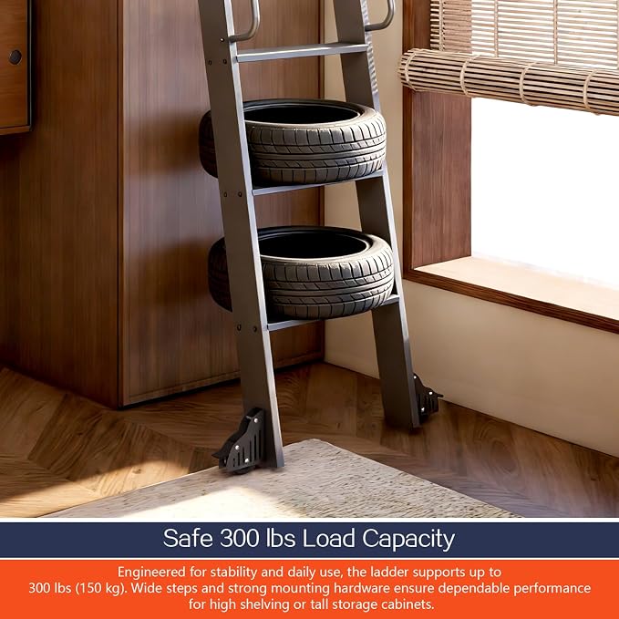 DIYHD 87" Rolling Library Ladder with Handrail, 4FT Sliding Rail, Black | 7-Step lightweight ladder with space-saving upright storage, Telescopic top hooks, Locking bottom rollers, 300lbs capacity