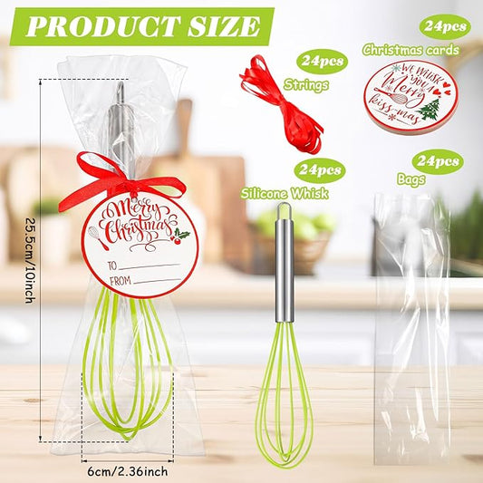 24 Sets 10 Inch Christmas Whisks Gifts DIY Fillable Christmas Tree Ornaments Xmas Colored Silicone Whisks for Cooking Heat Resistant Egg Beaters with Card Rope Bag for Candy Holder