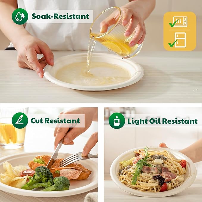 100% Compostable Paper Plates, 9 Inch, 125 Count, Biodegradable Bagasse Plates, Heavy Duty Disposable Plates Bulk for Party | Microwave-Safe | Soak-Resistant, Cut Resistant