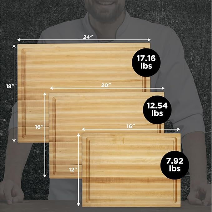 16" Classic Maple Reversible Cutting Board with Juice Groove | 16-Inch Reversible Maple Cutting Board with Deep Juice Groove and Side Handles for Chopping, Carving, and Serving