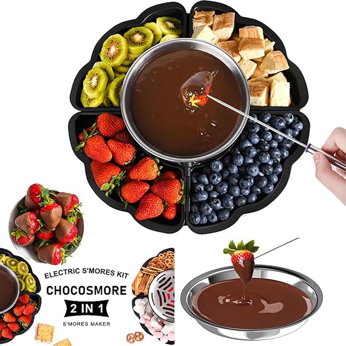2-in-1 S’mores Maker & Fondue Set, Indoor Tabletop Marshmallow Roaster with Temperature Control, 4 Detachable Trays, 4 Forks and Heated Bowl, Movie Night Supplies & Housewarming Gifts