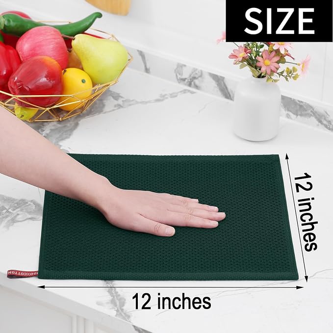 Homaxy 100% Cotton Waffle Weave Kitchen Dish Cloths, 7-Pack, Blackish Green | 12 x 12 Inches, Ultra Soft Absorbent Dish Towels, Quick Drying Dish Rags with Hanging Loop