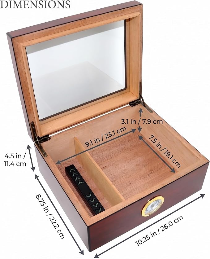 Premium Spanish Cedar Cigar Humidor – 25-50 Cuba Cigar Capacity, Sapele Cherry Finish Cigar Storage Box, Glass Top, Built-In Hygrometer & Humidifier – 10.25" W x 8.75" D x 4.5" H