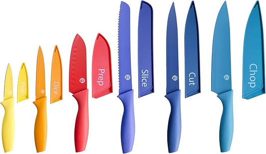 MasterChef Kitchen Knives Set with Covers incl. Paring, Boning, Carving, Bread, Santoku & Chef Knife, Sharp Cutting Stainless Steel Blades with Sheaths, 12 Piece (6 Colored Knives & 6 Covers)