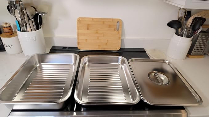 Geesta Grilling Prep and Serve Tays, Stainless Steel Large Capacity Food Prep Tray, Grill Carry System, Marinade Container with Lid and Cutting Board,BBQ Grill Accessories, Grilling Gifts for Men