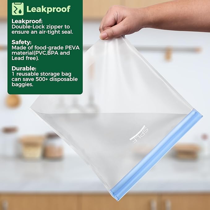 SPLF 10 Pack Stand-Up Reusable Quart Freezer Bags Dishwasher Safe | Extra Thick Leakproof 1 Quart Food Storage Bags, BPA Free Bags for Meal Prep, Sandwich, Snack, Travel Fridge Organization