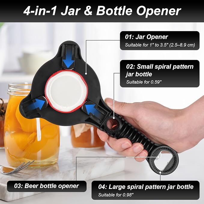 2026 Upgraded 4-in-1 Jar Opener for Seniors Adjustable | Stainless Steel Lid Opener with Handle, Includes Hook & storage bag , Can Opener for Arthritis and Weak Hands
