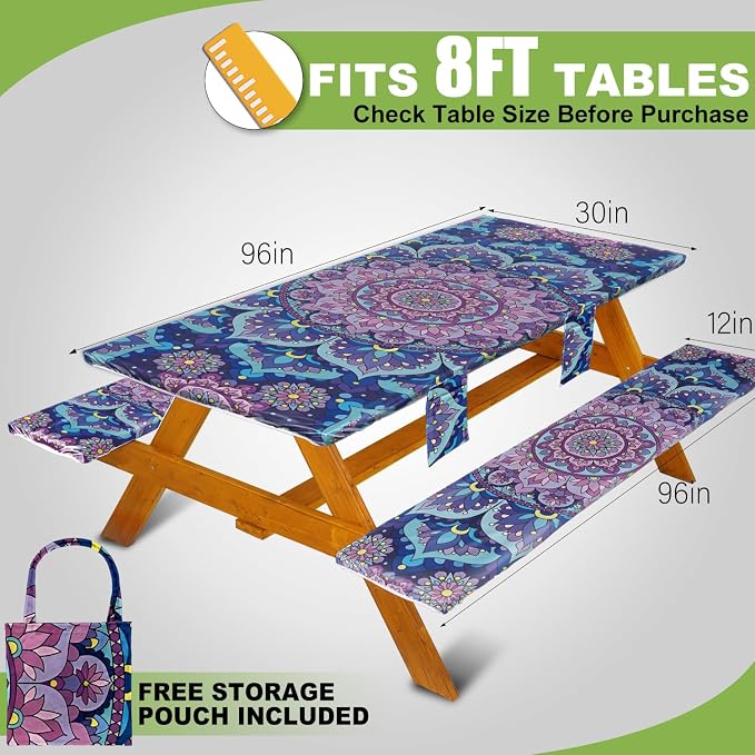 Fitted Picnic Table Cover with Bench Covers Waterproof Elastic Edges Rectangle Patio Tablecloth Outdoor Camping Essentials Stuff Rv Accessories Summer Trip Travel Camper Gifts for Woman Men, 96in 8 ft