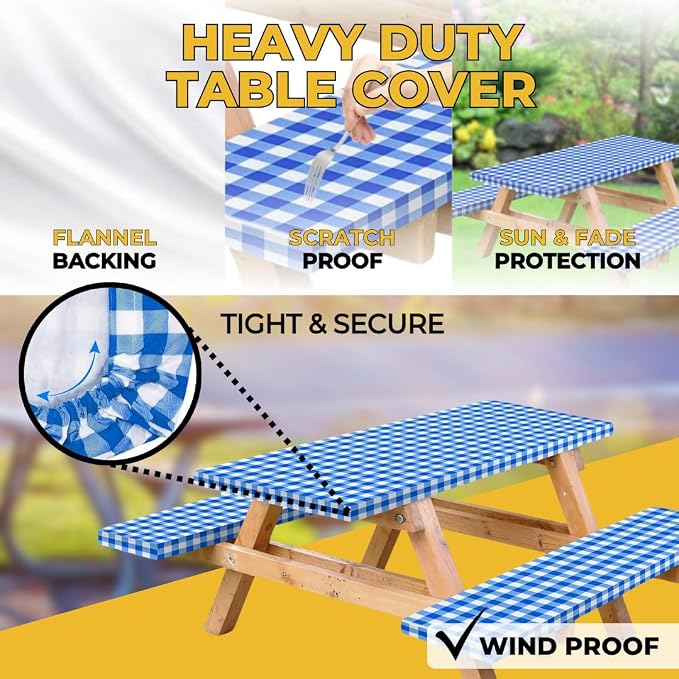 Vinyl Fitted Picnic Table Cover with Bench Covers & Bag 8ft Blue Checkered | Vinyl Fitted Picnic Table Cover with Bench Covers and Bag, Outdoor Waterproof Windproof Picnic Tablecloth with Elastic Edges.