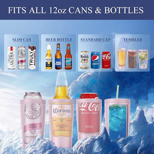 Pealeap 4-in-1 Insulated Slim Can Cooler for All 12oz Cans & Beer Bottles | Double-walled Stainless Steel Vacuum Can Cozy | Keep 8Hrs Cold | Universal Fits 12oz Drinks | No Sweat | Cup Holder Friendly