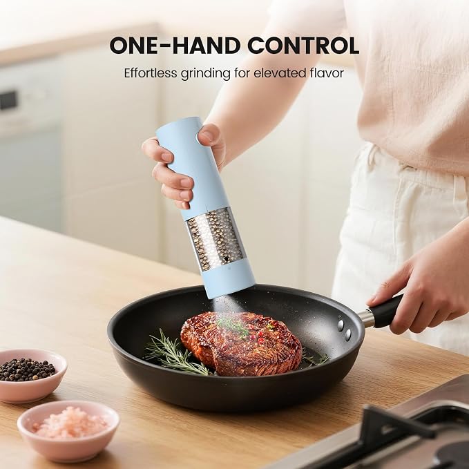 Electric Salt and Pepper Grinder Set - Rechargeable Automatic Salt and Pepper Shakers, Kitchen Appliances with External Adjustable Coarseness, Larger Hopper for Cooking, Home Gifts(2 Pack,Light Blue)