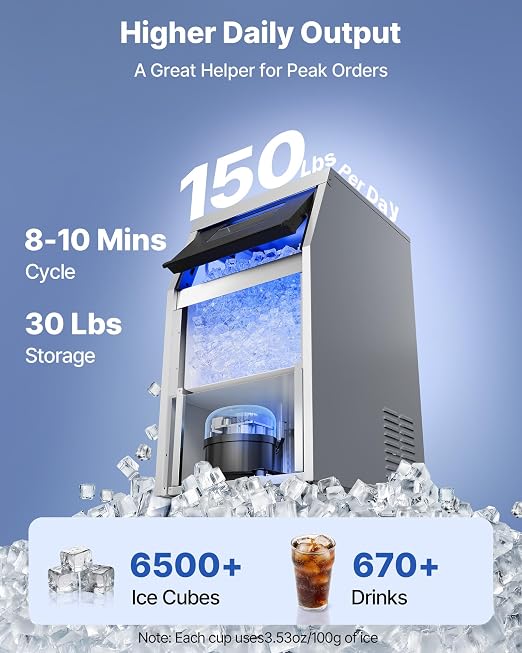 VEVOR Commercial Ice Maker Machine, 150 lbs/24h with 30 lbs Storage Capacity, Dual Water Inlet,Built-in/Freestanding/Under Counter, Stainless Steel Ice Maker with LED Display, for Home Bar Restaurant