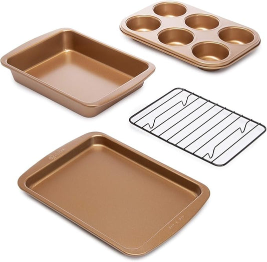 Ecolution Non-Stick Toaster Oven Bakeware Set, 4 Piece, Carbon Steel, Easy to Clean and Perfect for Single Servings, Copper