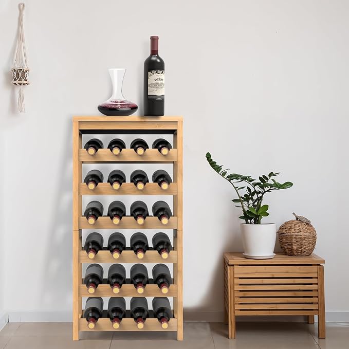 Wine Rack Free Standing Floor,6 Tier 24 Bottles Floor Wine Storage Shelves | Bamboo Wine Rack with Table Top,Wine Organizer Shelf for Kitchen Dining Room Bar,Easy-Assembly